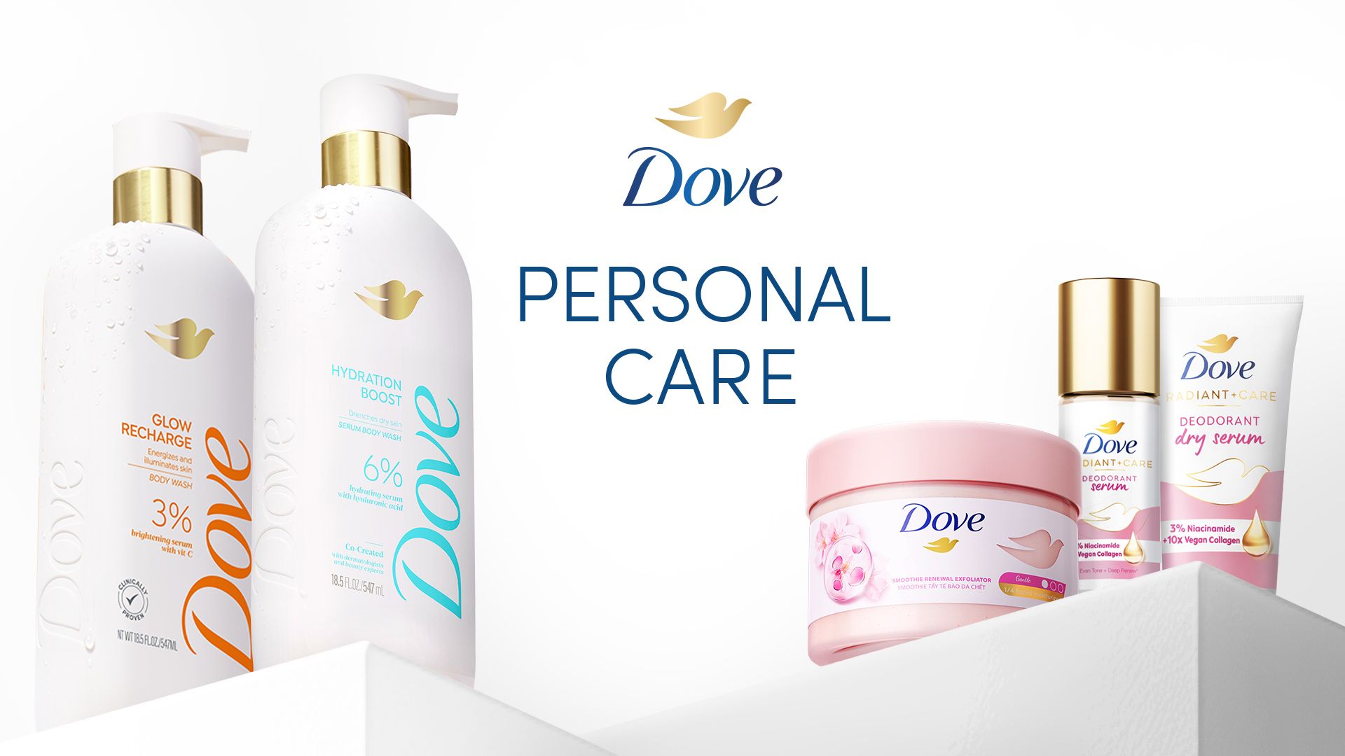 Banner featuring Personal Care text, flanked by premium shower gel pump bottles and a selection from the Dove serum range.