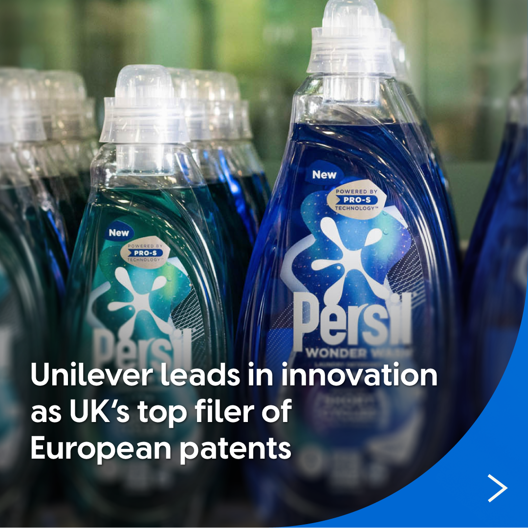 A close-up photo of multiple bottles of Persil Wonder Wash liquid detergent displayed on a shelf. The bottles are blue and green with a label featuring a large white splash graphic and the text “Persil” and “Powered by Pro-5 Technology.” Overlaid text at the bottom left reads: “Unilever leads in innovation as UK’s top filer of European patents.”