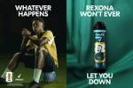 Brazil’s Vini Jr in his team kit sitting on a football beside messaging that reads: ‘Whatever happens, Rexona won’t let you down’.