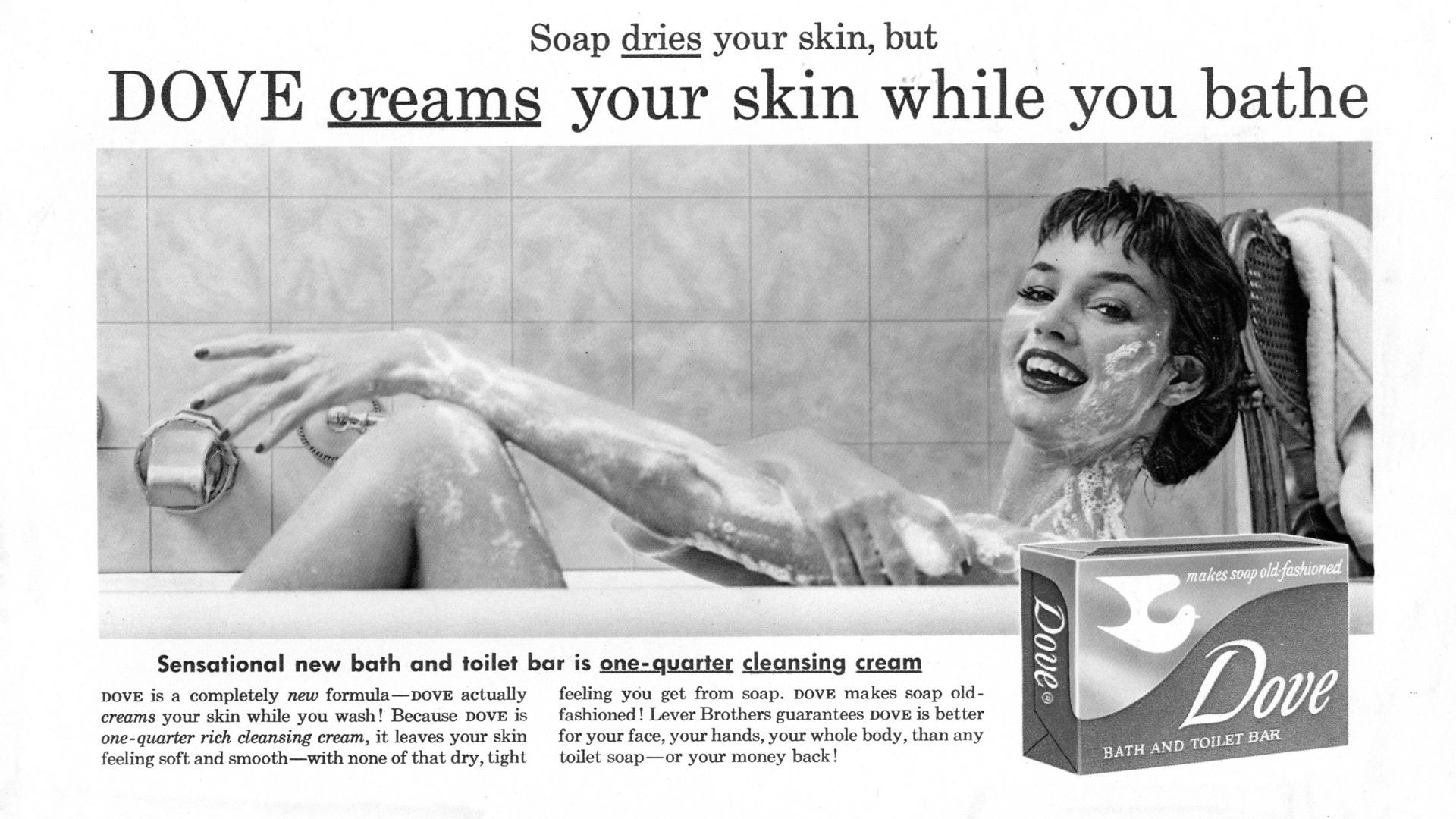 A vintage advertisement for Dove from the 1960s. A woman is pictured lathering her skin with a Dove Bar in a bath.