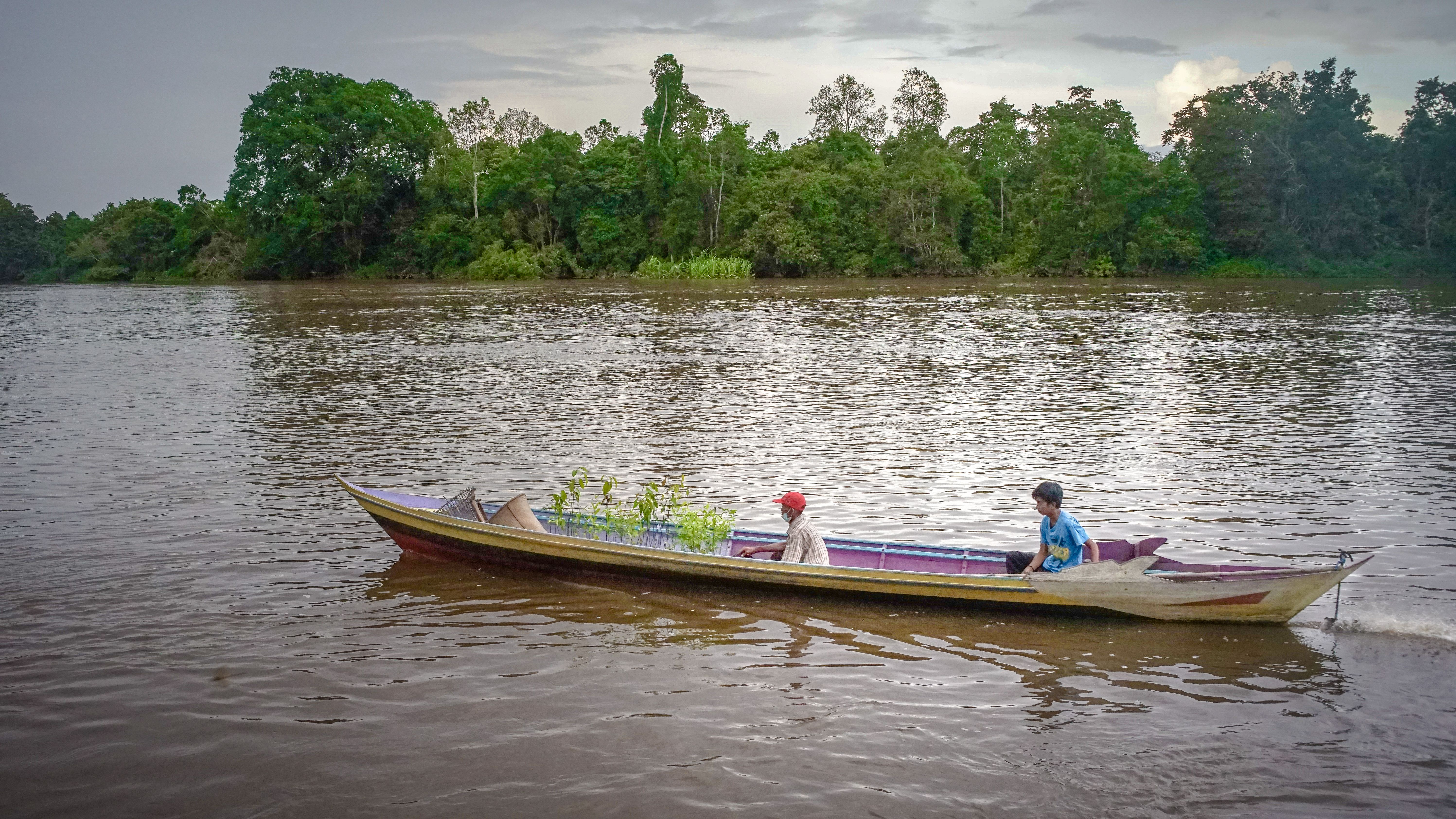 A man and a boy in a long boat on a river.