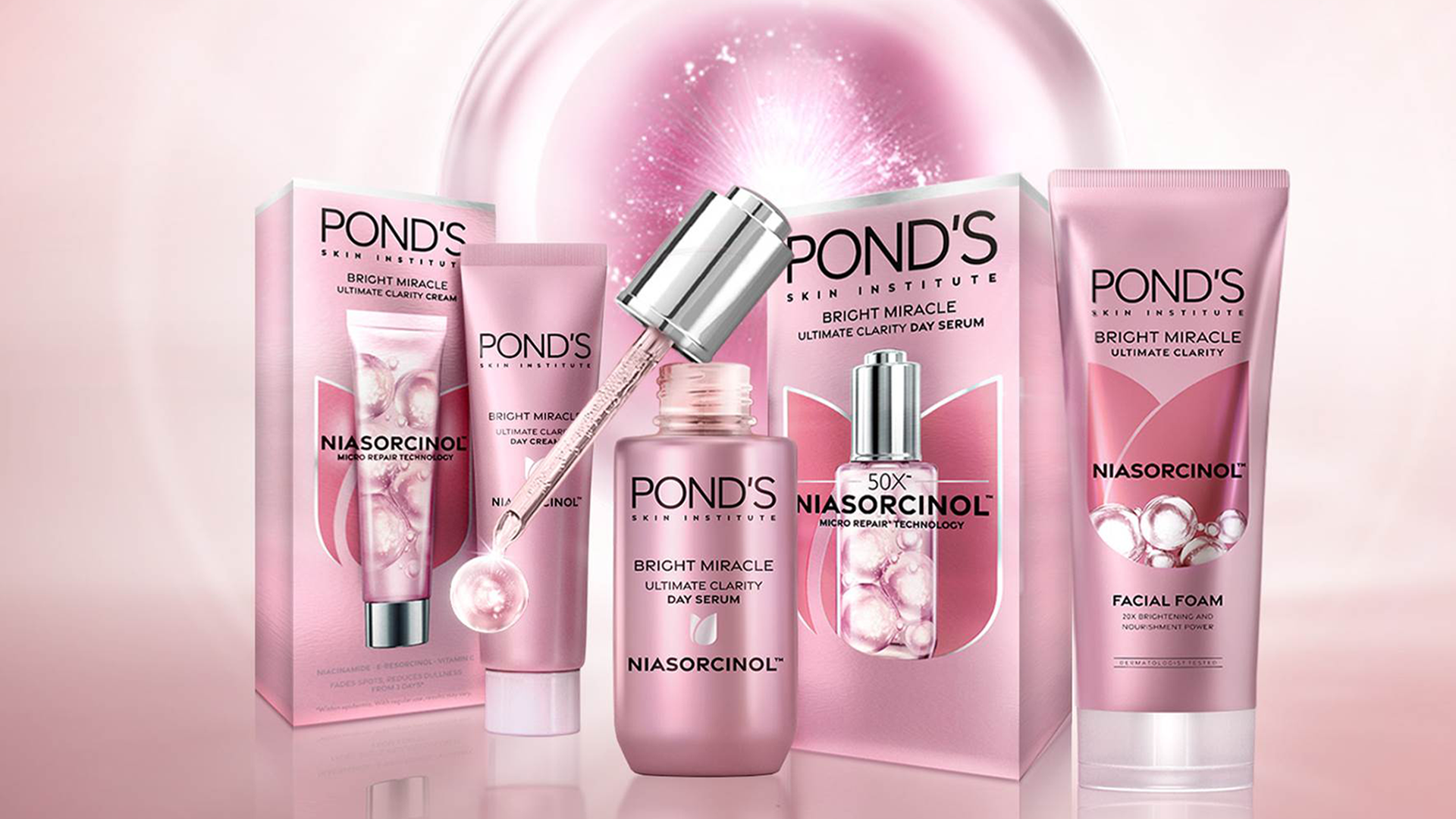 Three POND’S SKIN INSTITUTE products displayed alongside their packaging boxes, set against a pink background