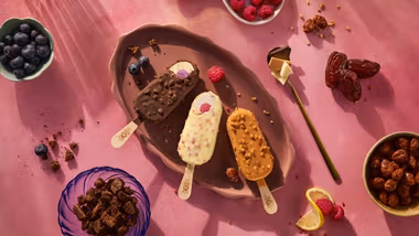 Magnum’s new mood-inspired ice cream flavours - Chill, Euphoria and Wonder - unwrapped on a serving dish and ready to eat.