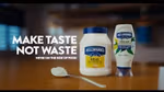 : A jar of Hellmann’s mayonnaise and a squeezy bottle of Hellmann’s Vegan Dressing & Spread. Text reads: Make taste not waste. We’re on the side of food.