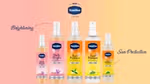 Five bottles of Vaseline's Summer spray, now available in India. Two bottles are pink, three are orange.