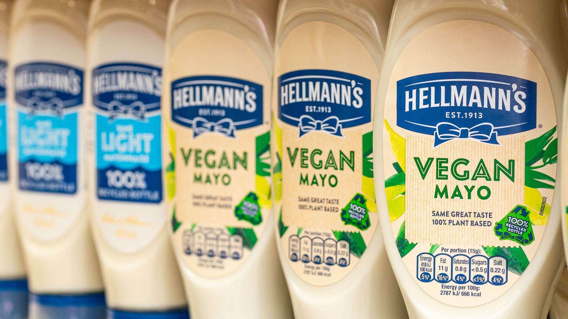 Hellmann’s Vegan Mayo bottle. The Hellmann’s brand sits within Unilever’s Nutrition business group.