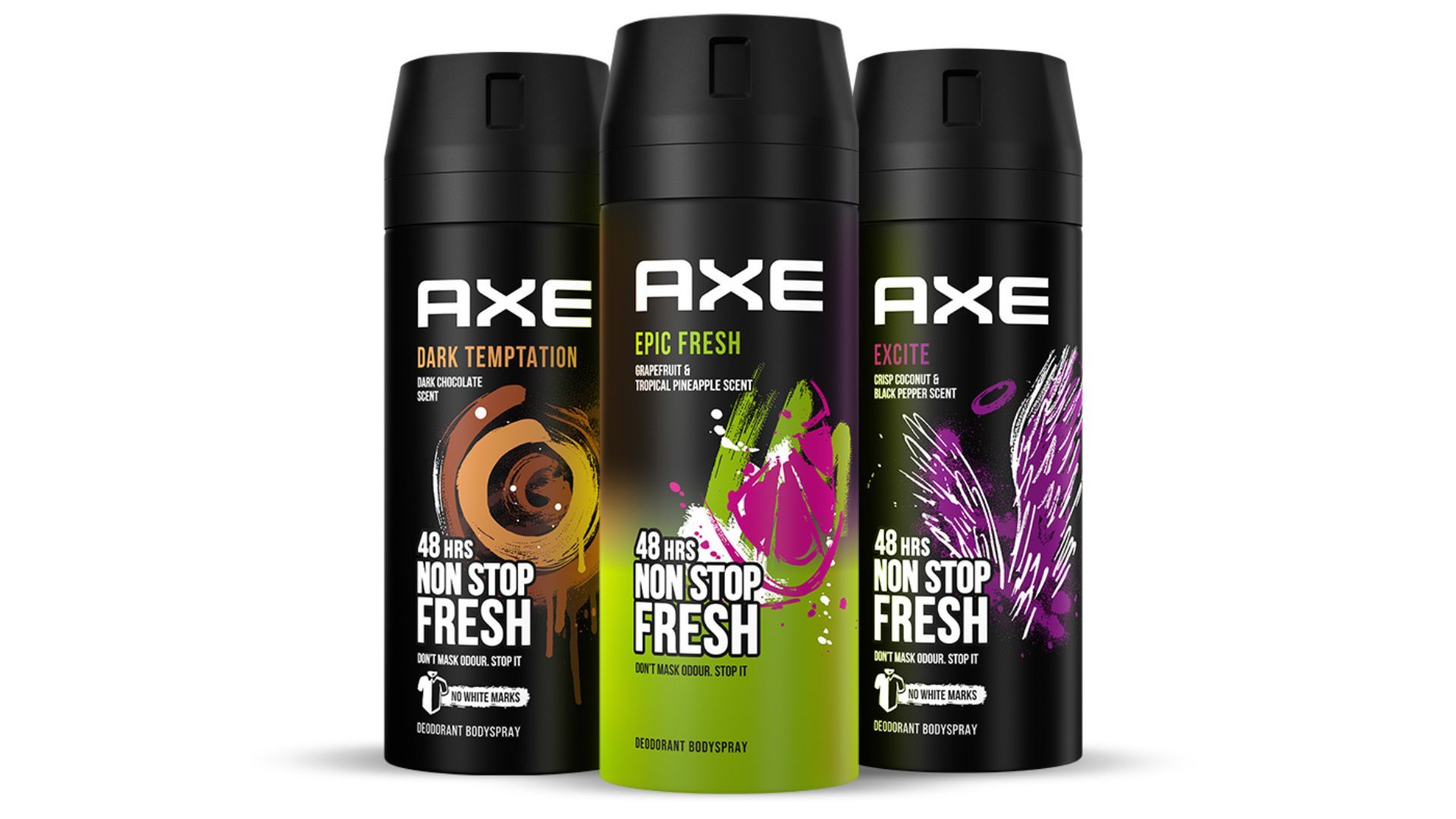Three cans of Axe Fine Fragrance body spray. Axe, also known as Lynx, is now PETA approved.