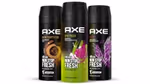 Three cans of Axe Fine Fragrance body spray. Axe, also known as Lynx, is now PETA approved.