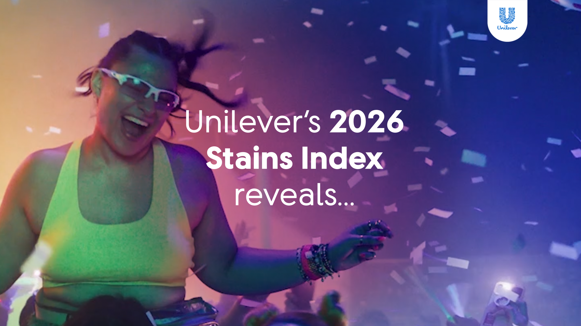 A person wearing a bright green top and colourful bracelets dances at a lively event with confetti falling in the air. The scene is lit with vibrant purple and blue lights. Text on the image reads: “Unilever’s 2026 Stains Index reveals…” and the Unilever logo appears in the top right corner.