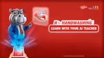 A marketing campaign image from Lifebuoy to promote its AI-Teacher Hippo app. A hippo wearing a tie points at a diagram. Text reads: H for Handwashing, learn with your AI teacher