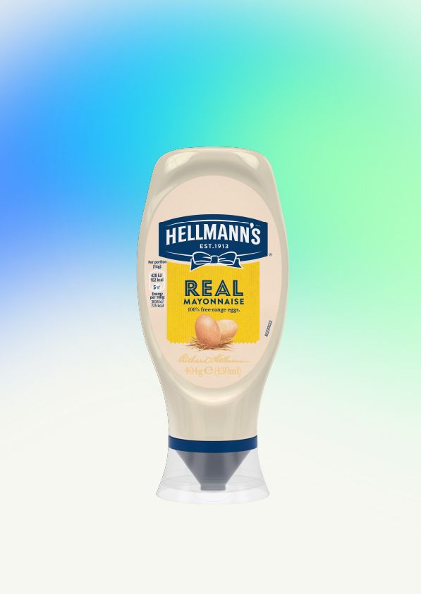 A bottle of Hellmann’s Real Mayonnaise against a blue‑to‑green gradient background.