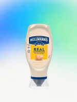 A bottle of Hellmann’s Real Mayonnaise against a blue‑to‑green gradient background.