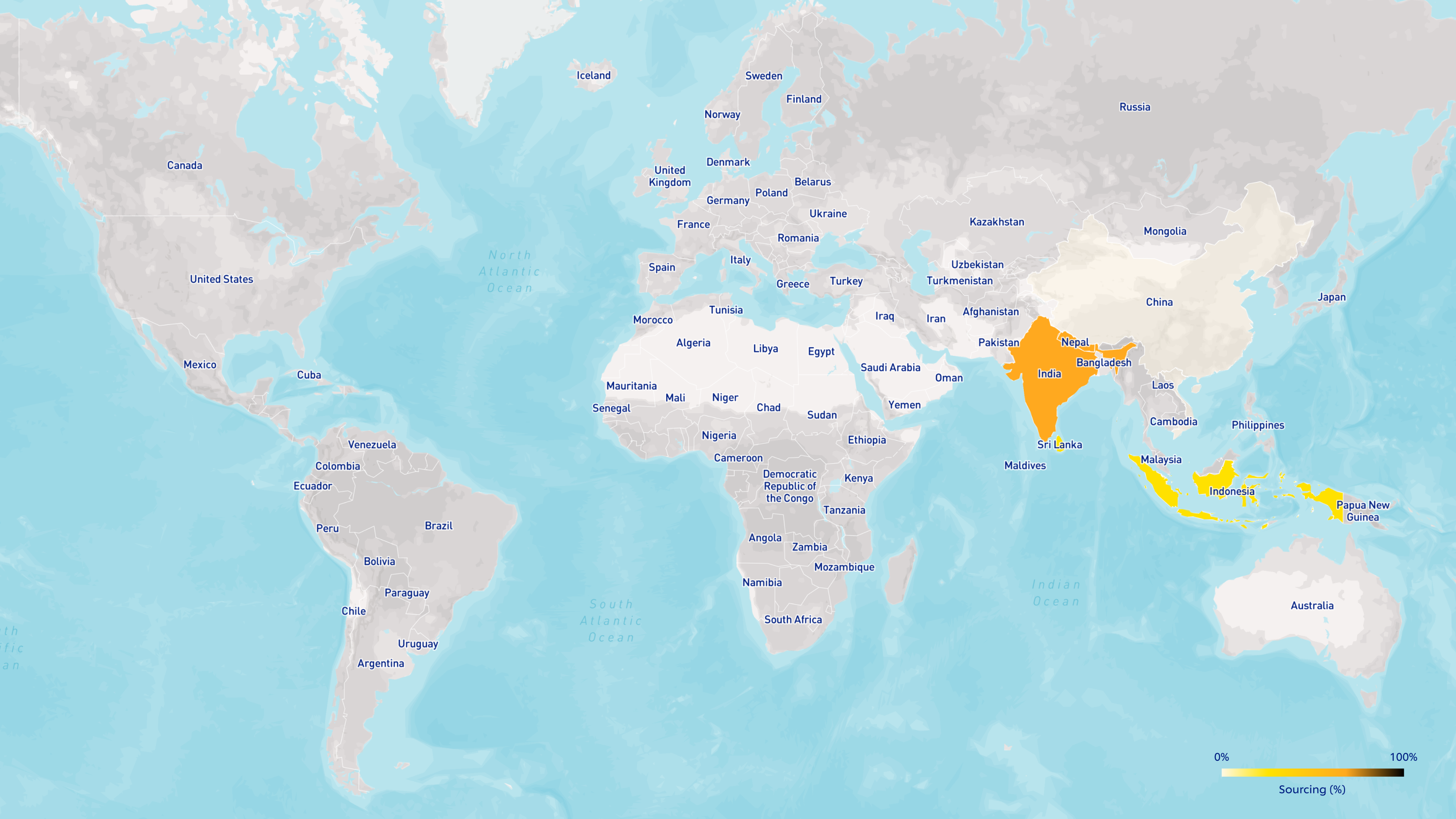 Map of the globe highlighting Tea areas