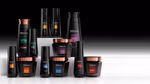 Products from TRESemmé Professional: shampoo, conditioner, hair masks, serums and oils. Black bottles with copper accents.