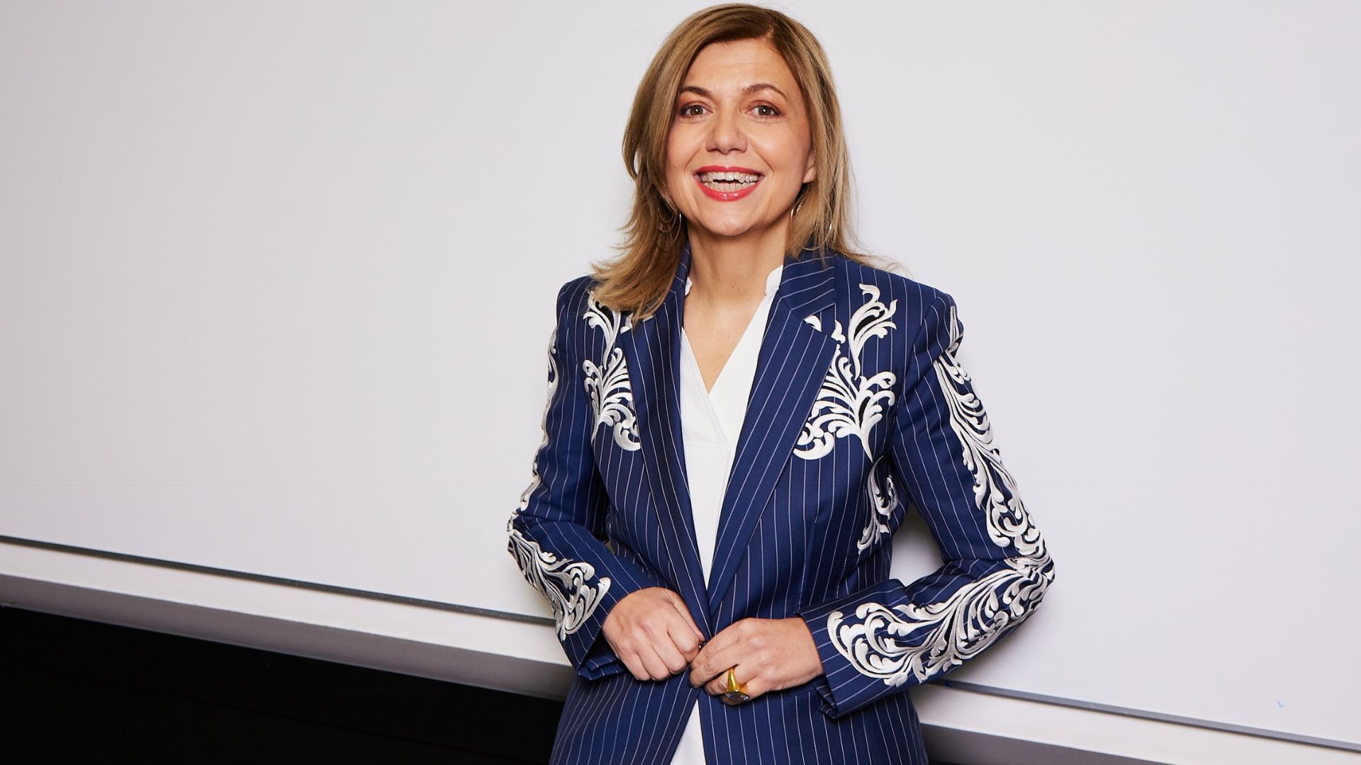 A photo of Vasiliki Petrou, CEO of Unilever Prestige. She is a white woman with shoulder-length dark blonde hair.