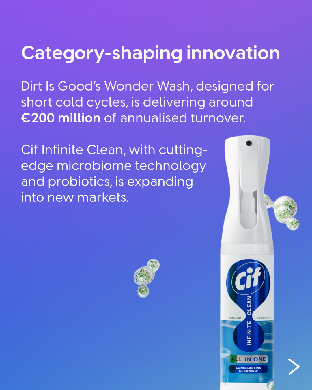 A white Cif Infinite Clean spray bottle on a purple background with text describing category‑shaping innovation, including Wonder Wash reaching around €200 million annualised turnover and Cif expanding into new markets.