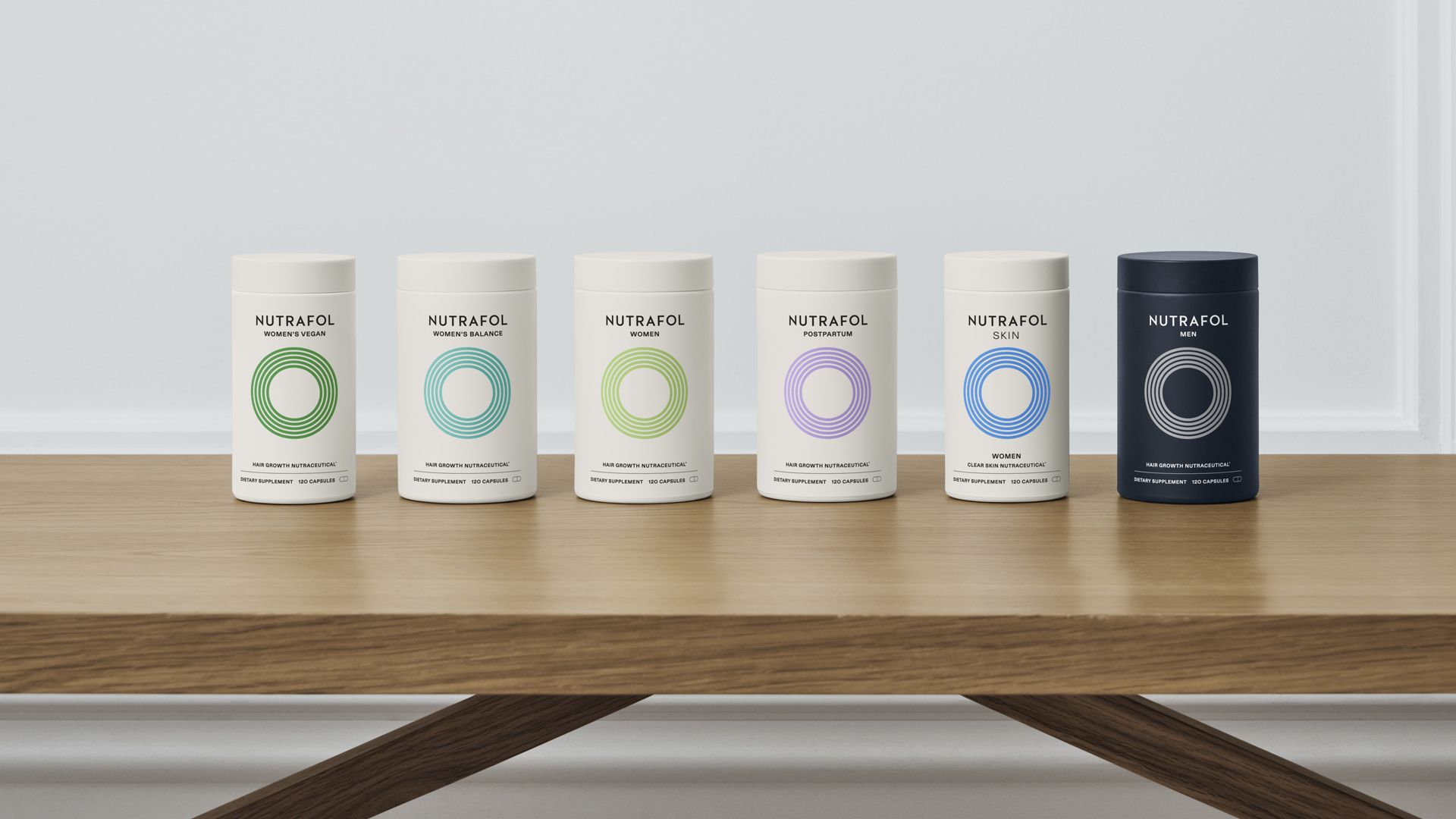 A row of six Nutrafol hair and skin supplement products arranged in a row on a table. Five products are white, one is black.