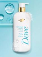 Bottle of Dove Hydration Boost body wash with water droplets and bubbles on a light blue background.