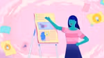A lady gesturing towards as flip-chart with one hand on her hip