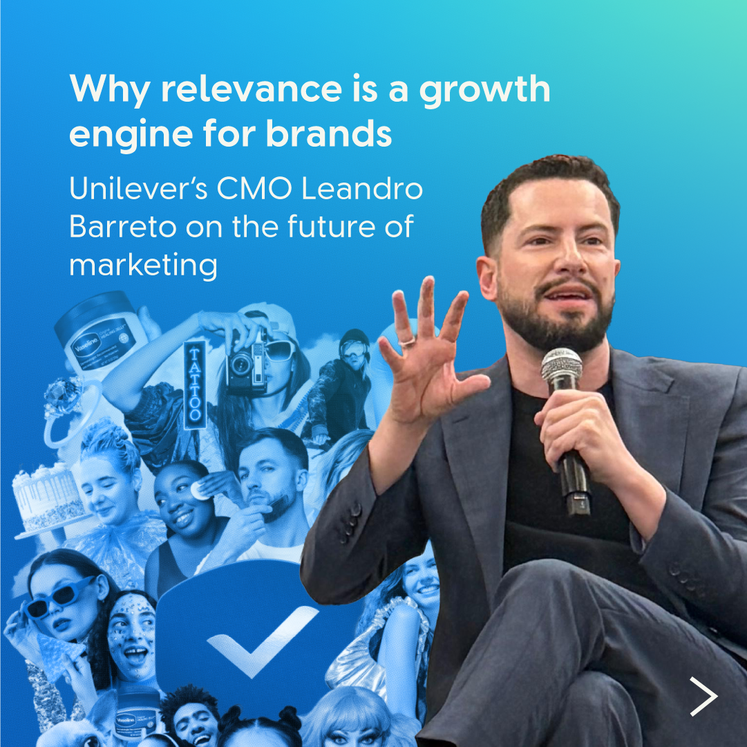 Marketing campaign image featuring a speaker on stage alongside messaging about brand relevance as a growth driver.