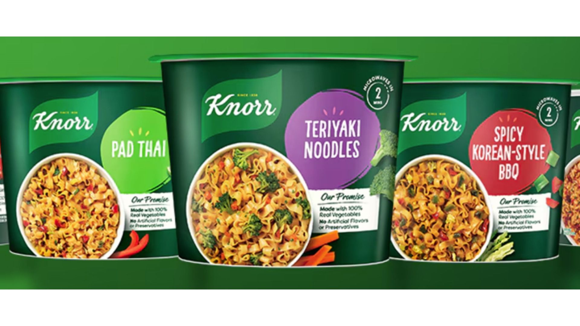 Pack shots of Knorr Pasta Cups in three flavours: Pad Thai, Teriyaki Noodles and Spicy Korean-style BBQ.