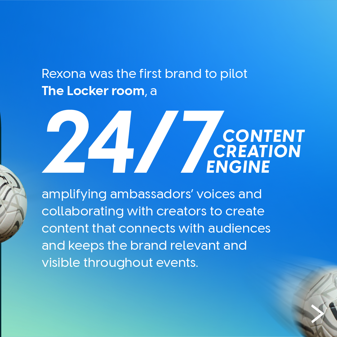 Graphic with “24/7 Content Creation Engine.” Text explains Rexona piloted “The Locker Room” to amplify ambassadors and work with creators to keep the brand visible during events. A football appears on the left.