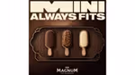 A row of three Mini Magnum ice creams in different varieties. At the top of the image are the words “Mini always fits”, with the Wall’s logo, “Magnum”, and the phrase “true to pleasure” displayed below.