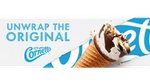 A waffle cone with vanilla ice cream, chocolate and nuts on top. Behind the cone is a banner with the words “Unwrap the original” above the Cornetto logo. The banner appears torn and reveals part of the blue and white Cornetto branding.
