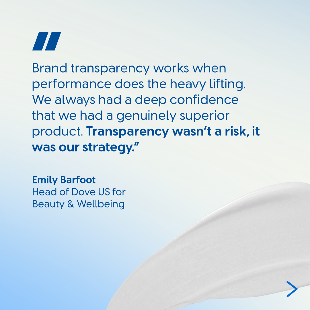 Quote graphic from a Dove executive on transparency and product performance.