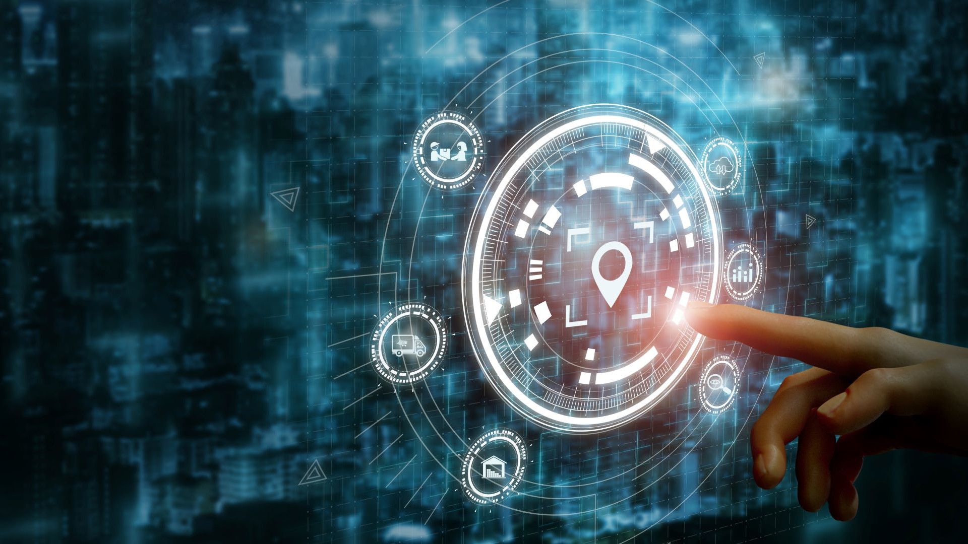 A finger reaches towards a glowing touchscreen, showing icons representing various stages of an end-to-end supply chain.