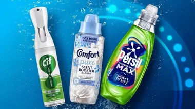 Three household cleaning and laundry products, Cif, Comfort and Persil, displayed against a bright blue background with water bubbles.