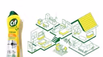 Bottle of Cif Cream next to a graphic that shows the rooms of a house and highlights items on which the cleaner can be used.