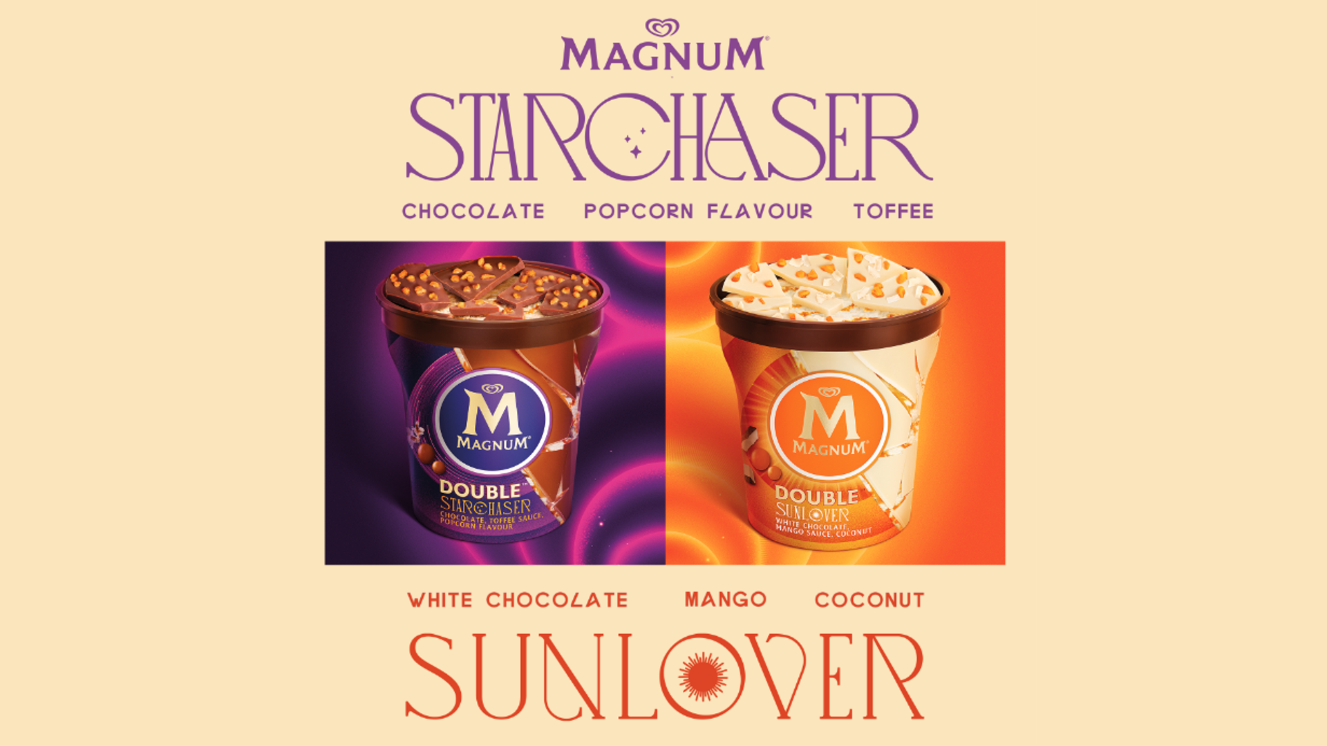 Product shot of Magnum Double Sunlover and Magnum Starchaser launched together to inspire ice cream lovers to enjoy ice cream both day and night.  