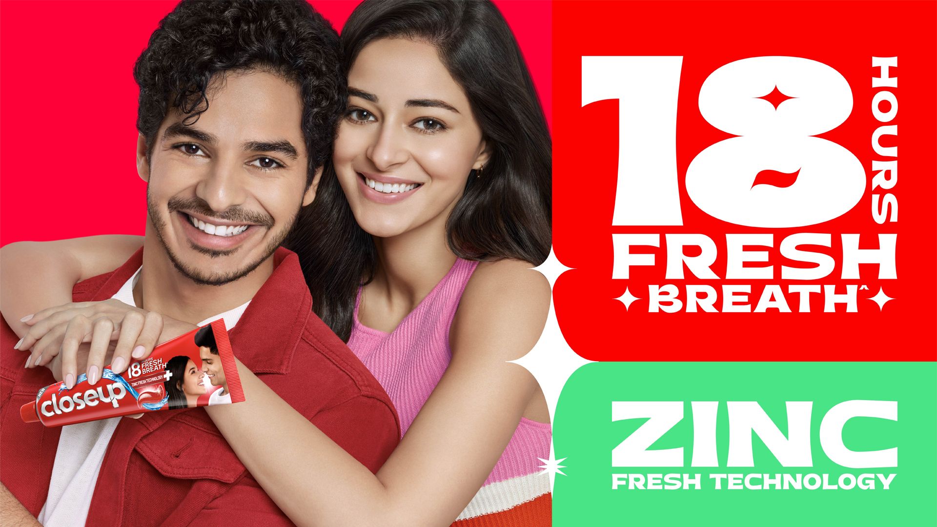 A couple embracing and holding a tube of Closeup toothpaste. The text reads: “18 hours fresh breath, zinc fresh technology”.