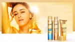 A blonde model in front of the Lakme sun products that are tapping into the trend for beauty products with suncare benefits