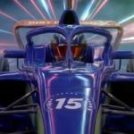 Front view of a blue Formula-style race car with the number “15” on the nose, driven by a helmeted driver inside the cockpit and halo safety frame, set against a dynamic background of multicoloured light streaks suggesting high speed or motion.