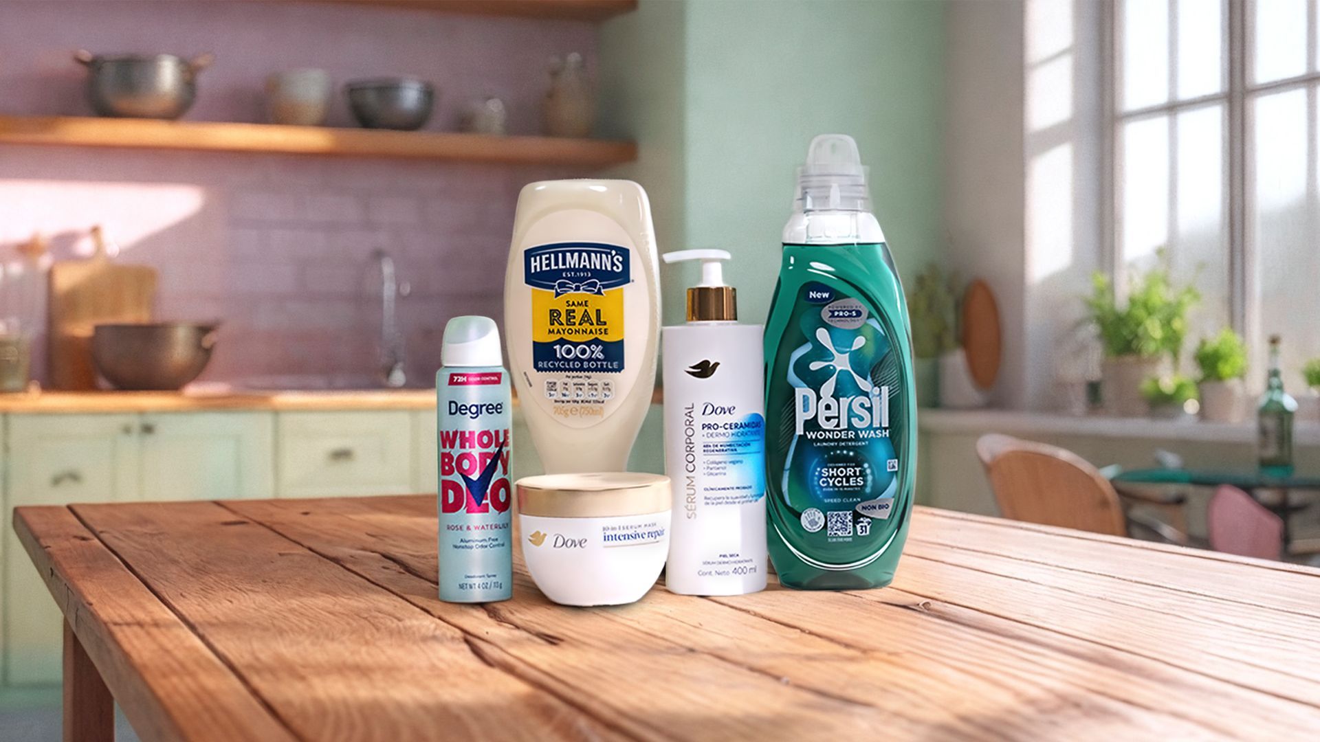 A line-up of Unilever products including Degree Whole Body Deo, Hellmann’s Mayonnaise, Dove Hair Mask and Persil Wonder Wash.