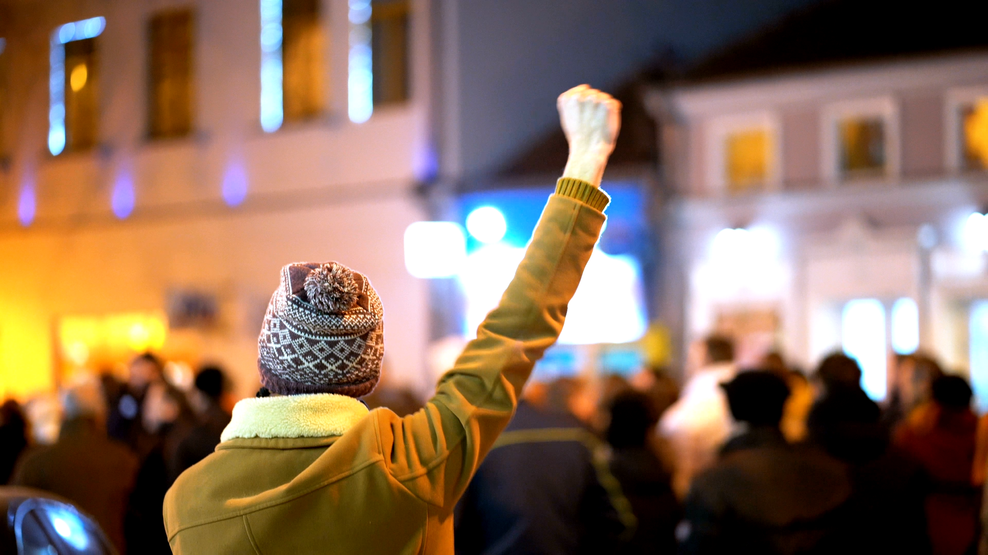 A person with their back to the camera, with their arm held high and fist clenched. 
