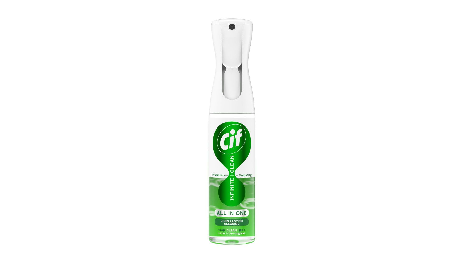 A white and green bottle of Cif Infinite Clean Lime and Lemongrass All in One spray displayed against a plain white background.