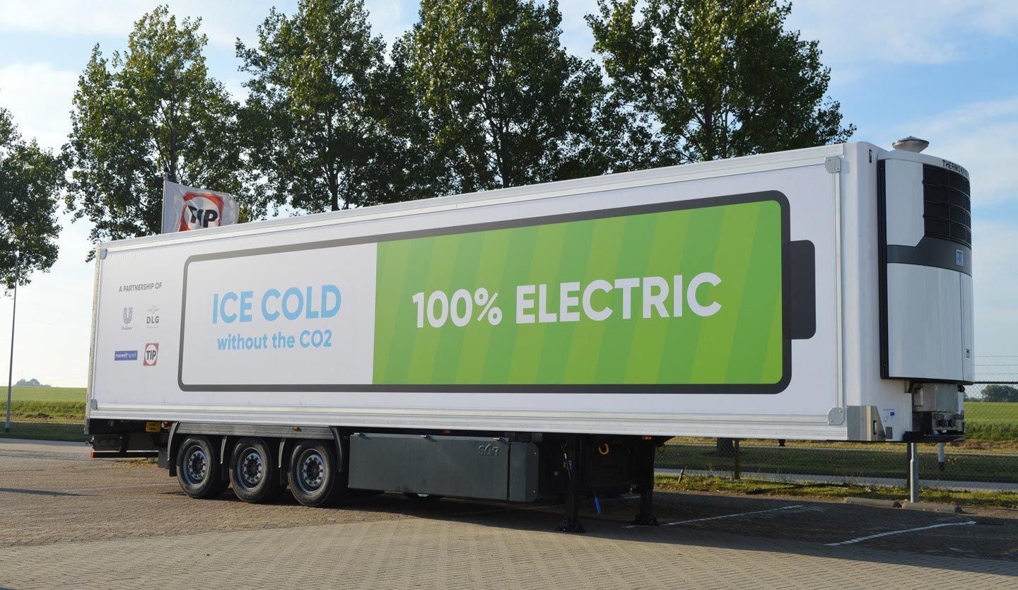 Truck trailer with battery-powered refrigeration.