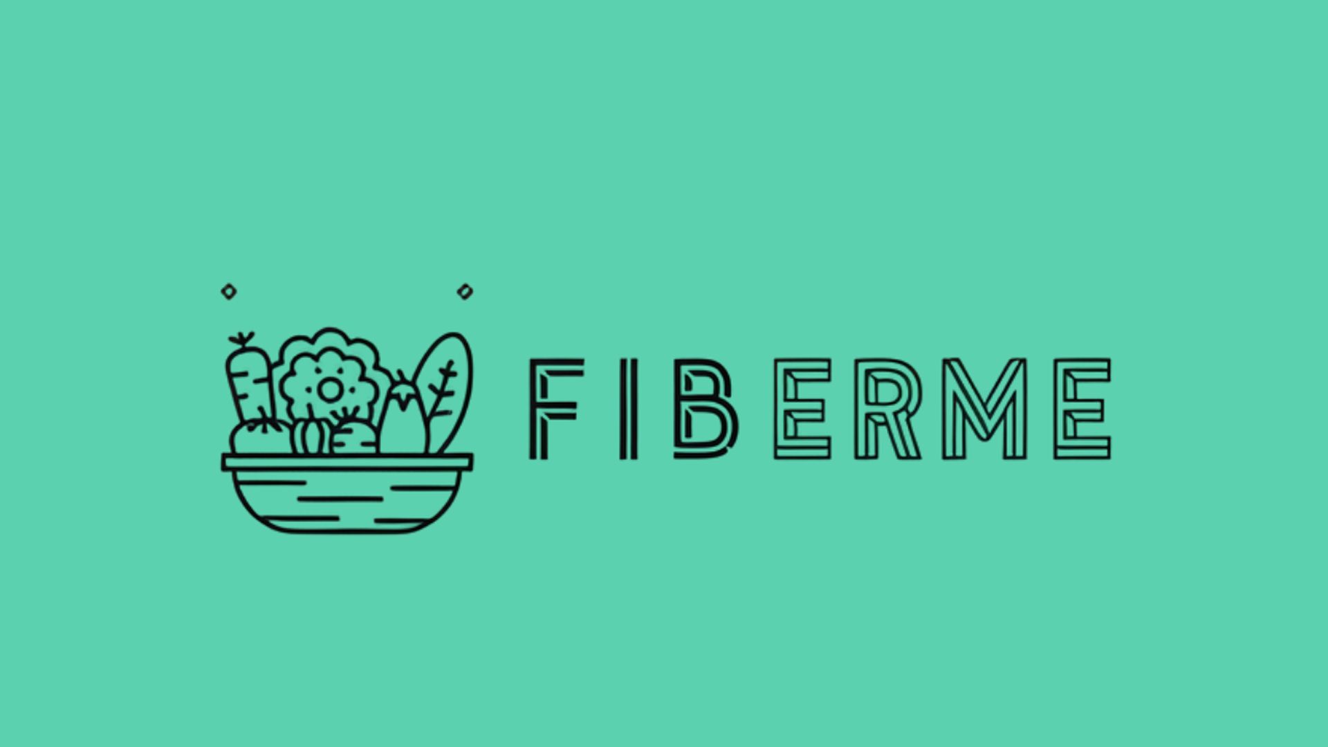 Minimalist illustration of a bowl filled with vegetables, including a carrot, broccoli, and leafy greens, next to the word 'FIBERME' in bold, outlined capital letters. The background is a solid light teal colour.