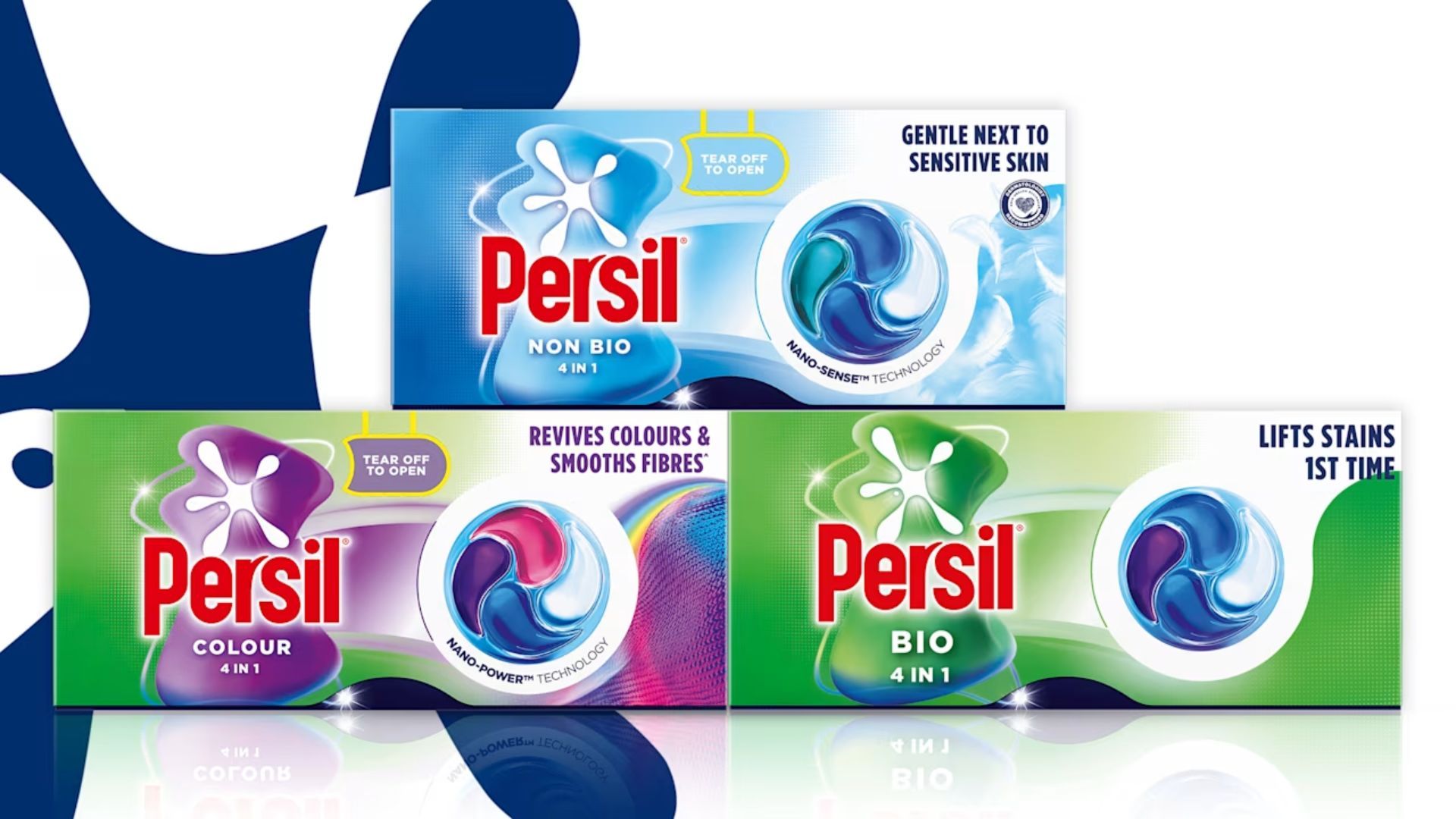 Three Persil detergent packs—Bio, Colour and Non Bio—highlighting stain removal and fabric care benefits with ‘new’ label.