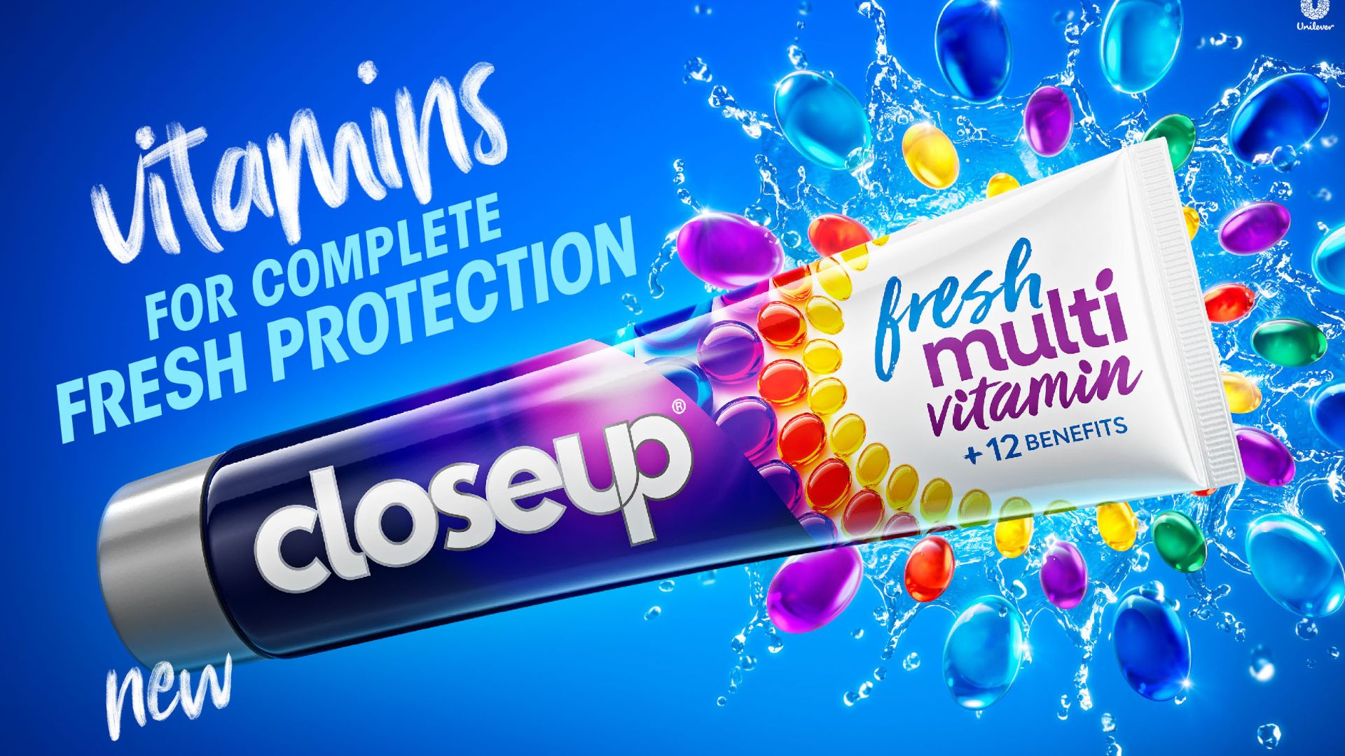 An ad for Unilever’s Closeup toothpaste picturing a tube of Closeup new Multi Vitamin toothpaste on a blue background.