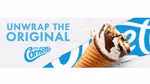 A campaign image of a Cornetto Classico cone being unwrapped.