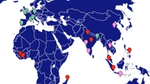 Image shows a screenshot of a world map with pins showing the locations of some of Unilever’s regenerative agriculture and livelihoods projects. Pins are colour coded by project type and dotted in different countries.