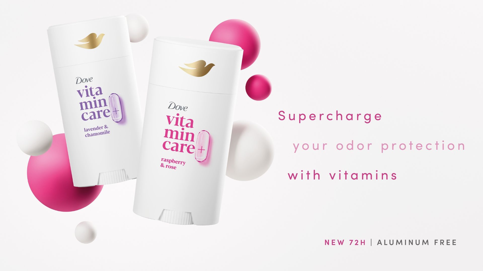 Two Dove VitaminCare+ stick deodorants with text reading ‘Supercharge your odor protection with vitamins’