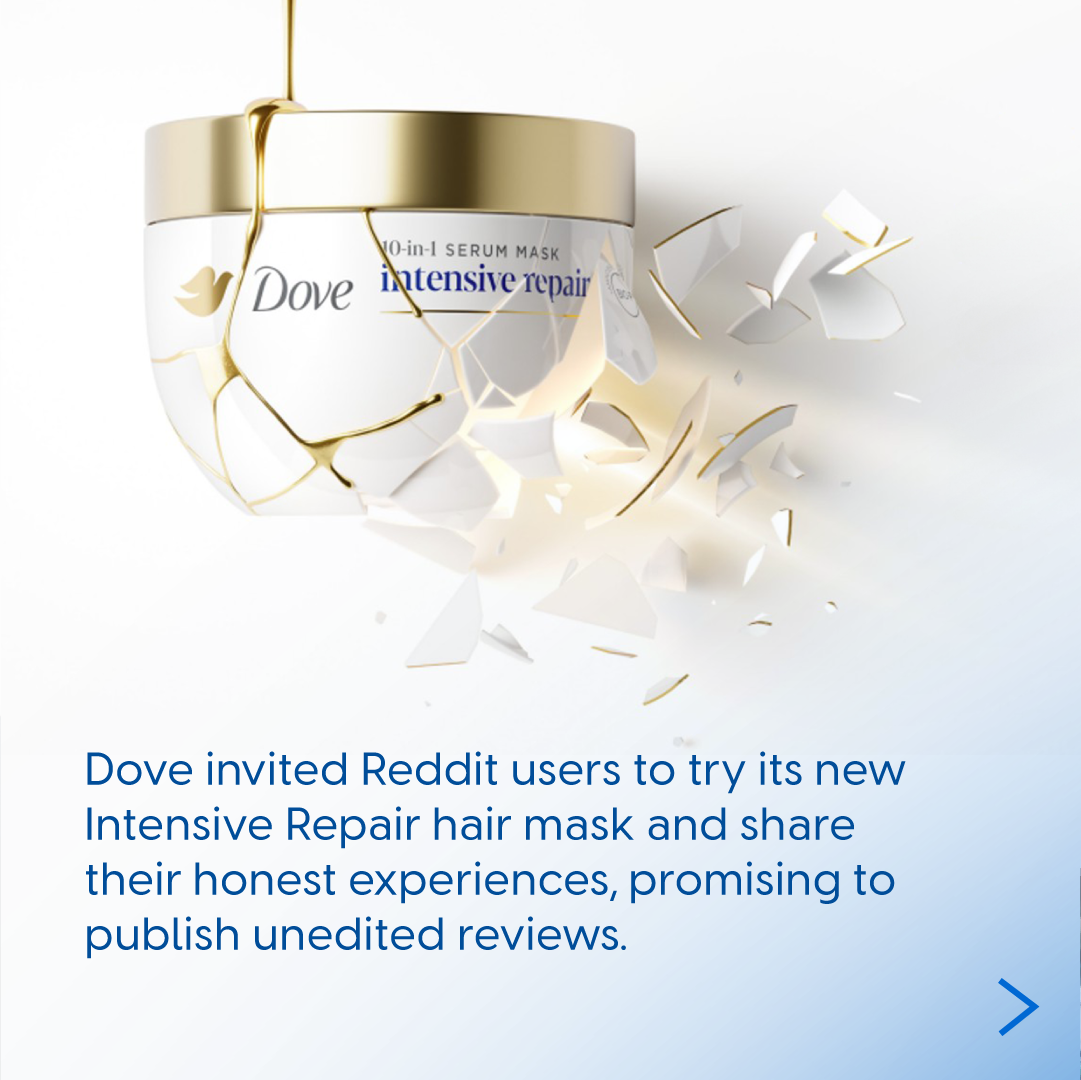 Dove Intensive Repair hair mask with messaging about inviting honest, unedited reviews from Reddit users.