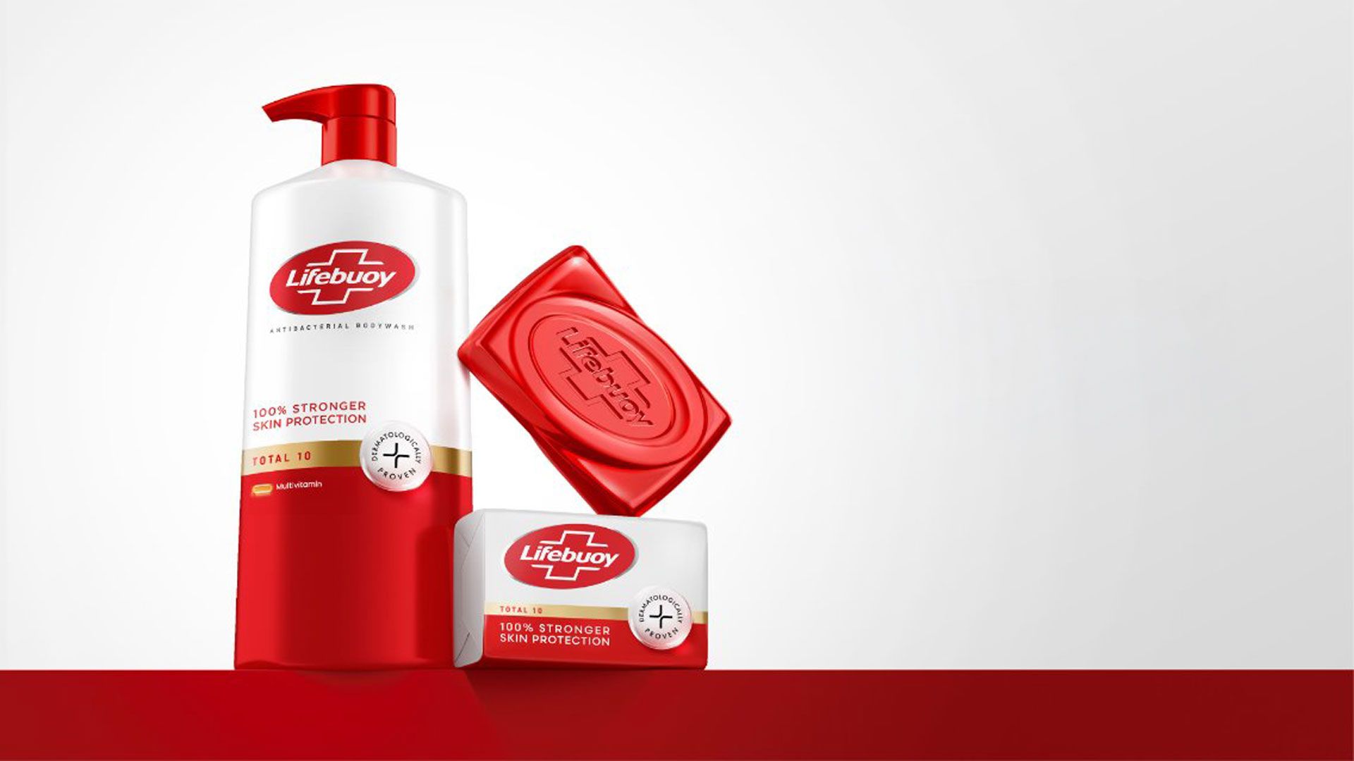 Lifebuoy antibacterial body wash and soap bar, emphasizing "100% Stronger Skin Protection" on a minimalistic white background.