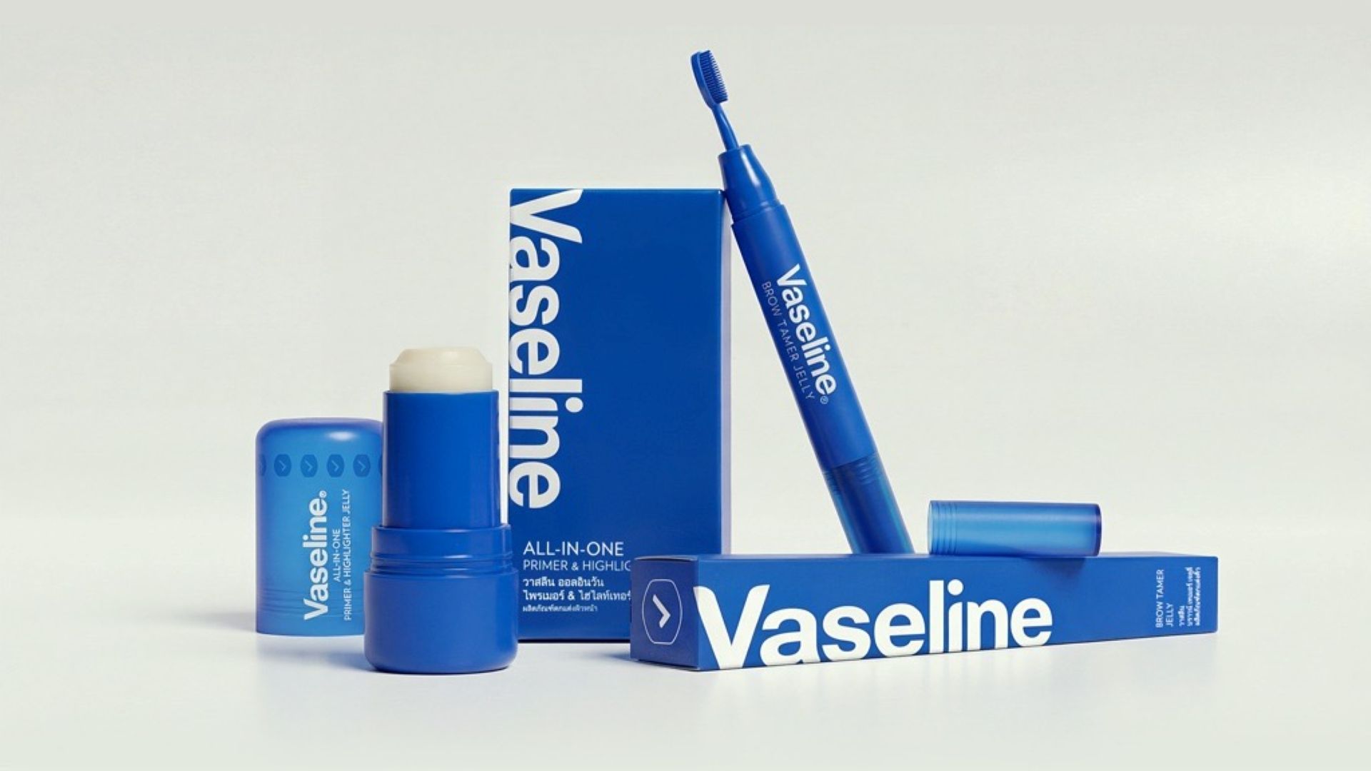 Vaseline Originals products: the Prinmer & Highlighter and the Brow Tamer Jelly. Both in blue packaging with white writing.