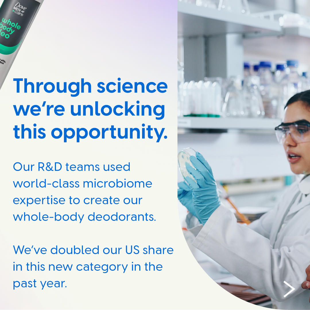 Graphic showing a laboratory setting with a scientist holding a petri dish. Text describes unlocking opportunities through science, noting the use of microbiome expertise to create whole‑body deodorants and that Unilever has doubled its US share in the new category.